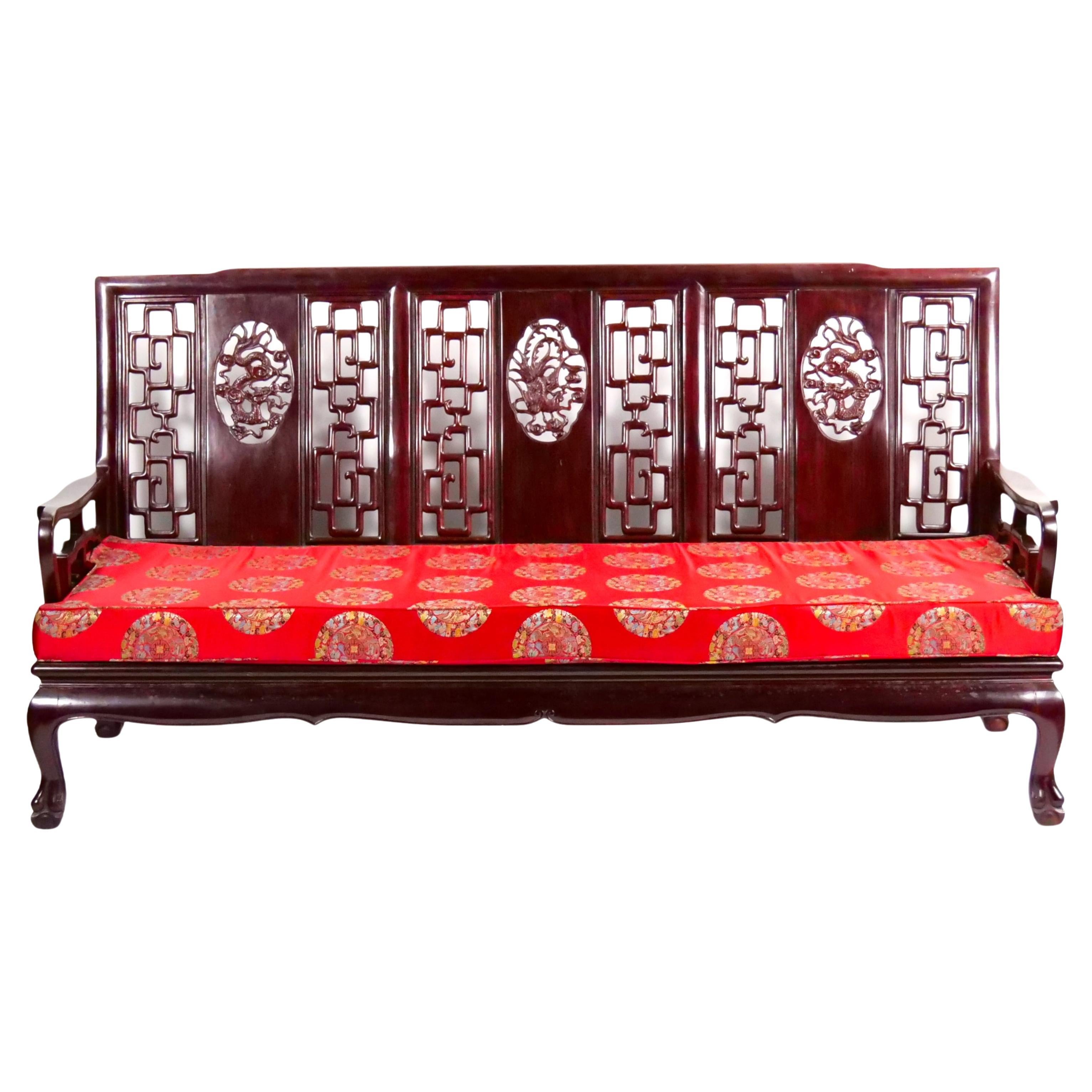 Mid 20th Century Chinese Carved Rosewood Long Bench, Sofa