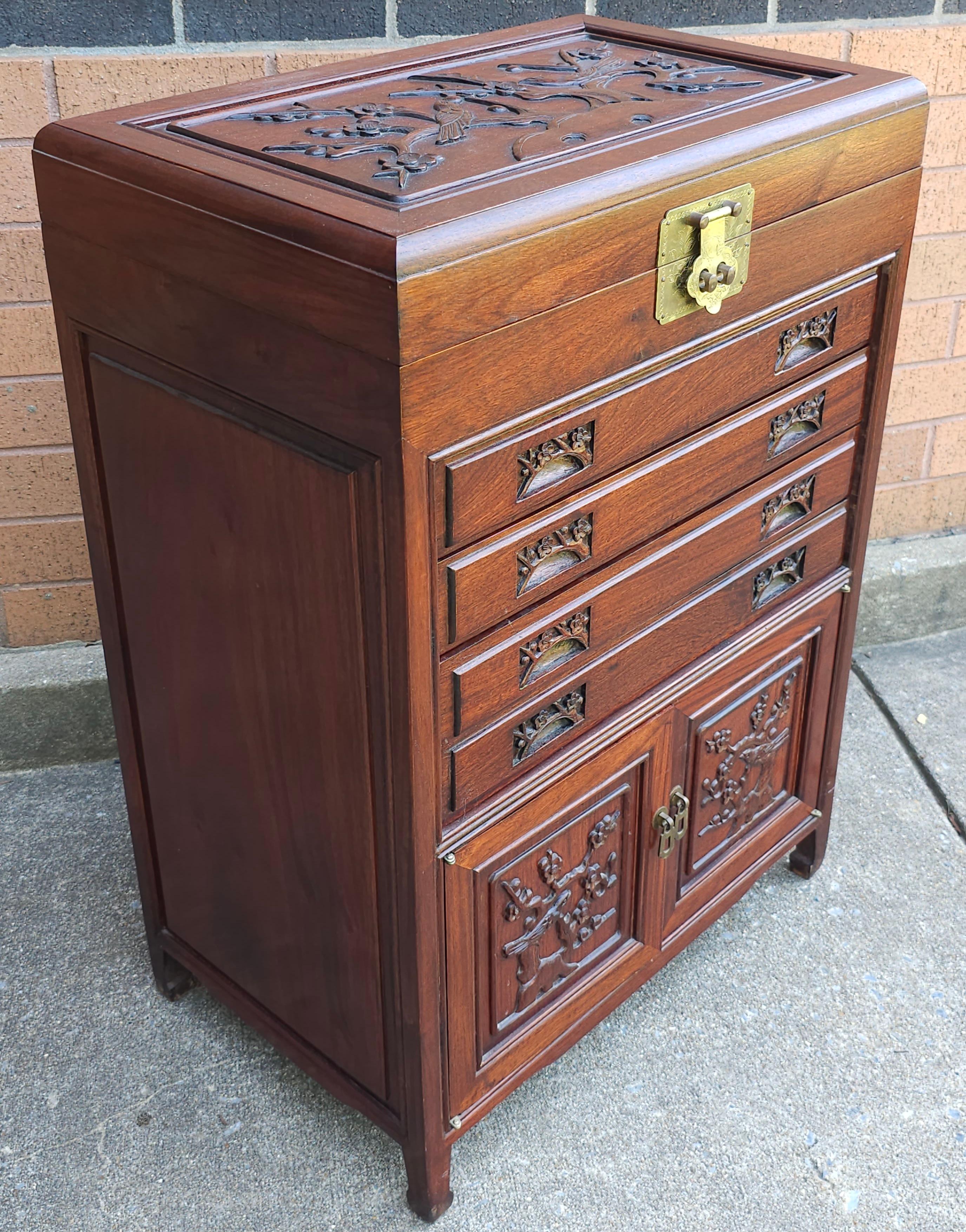 Chinese Export MId-20th Century Chinese Carved Rosewood Siver Chest Cabinet For Sale