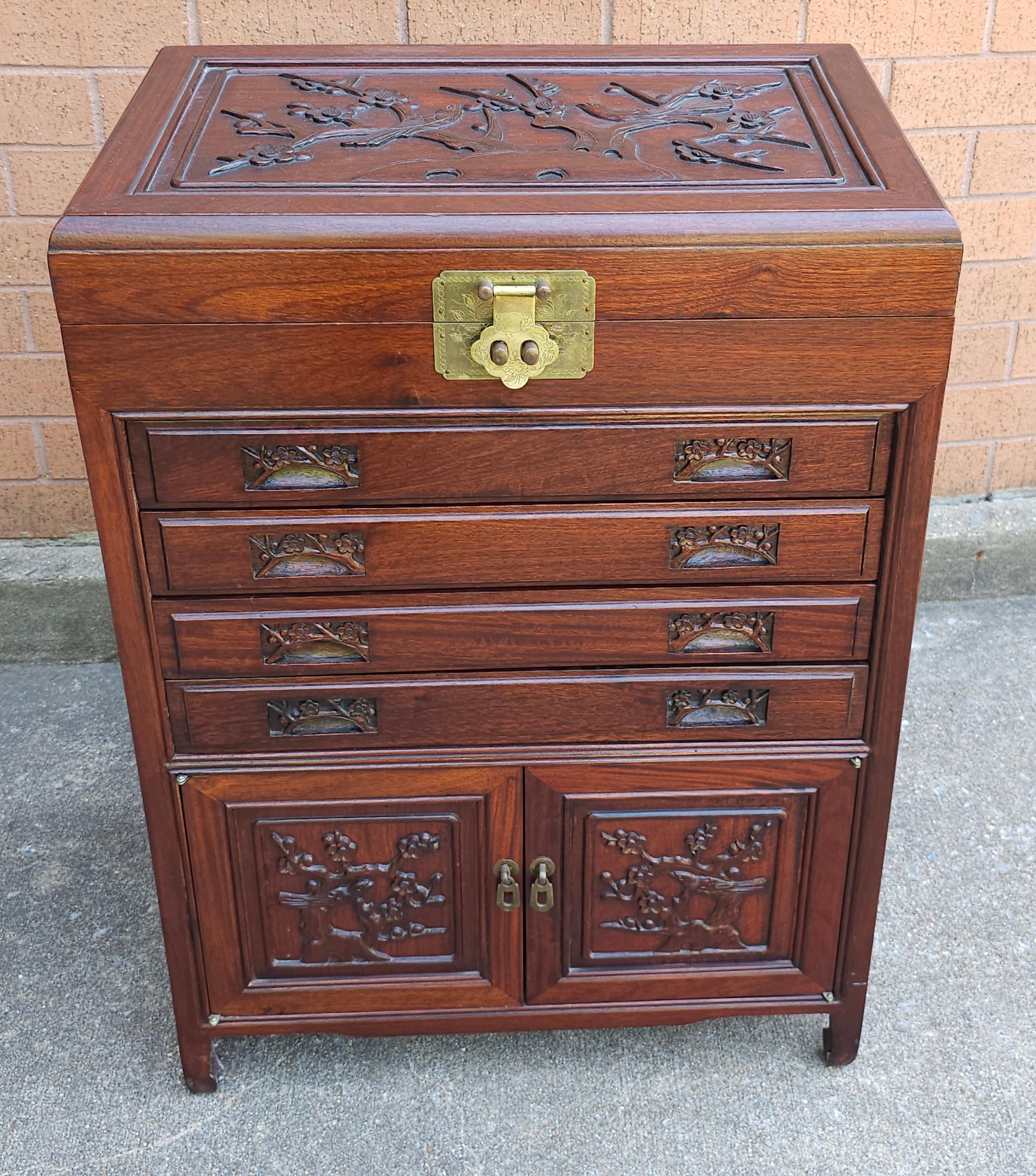 MId-20th Century Chinese Carved Rosewood Siver Chest Cabinet In Good Condition For Sale In Germantown, MD