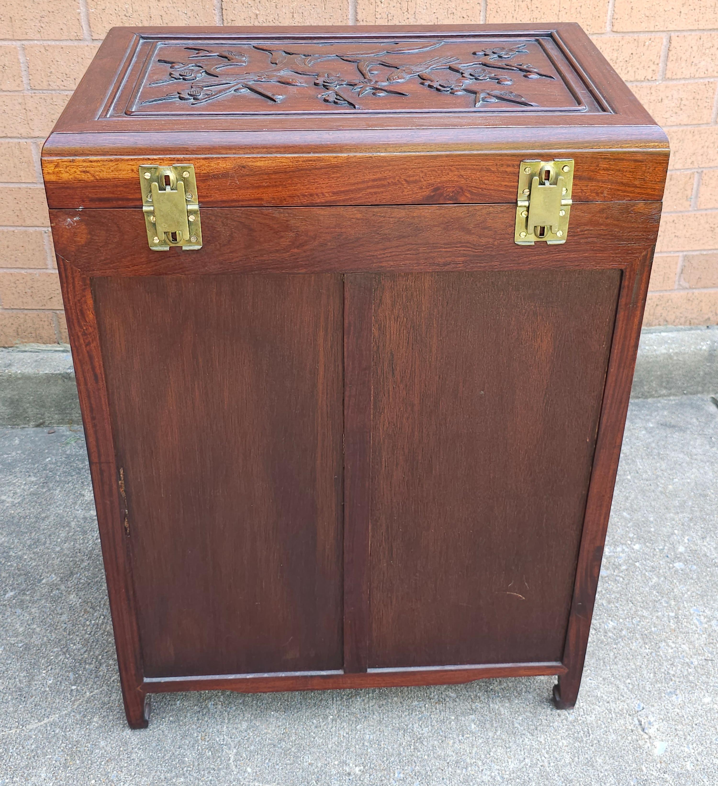 Felt MId-20th Century Chinese Carved Rosewood Siver Chest Cabinet For Sale