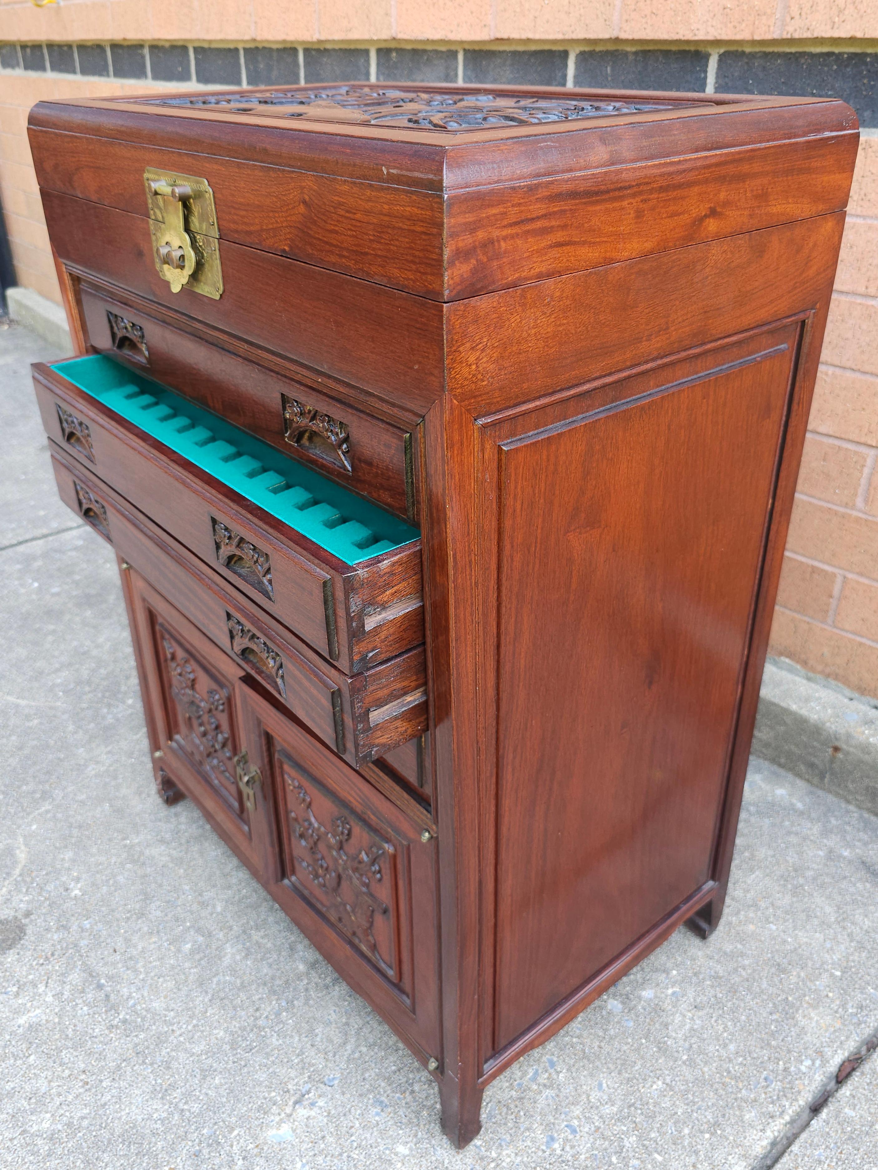MId-20th Century Chinese Carved Rosewood Siver Chest Cabinet For Sale 2