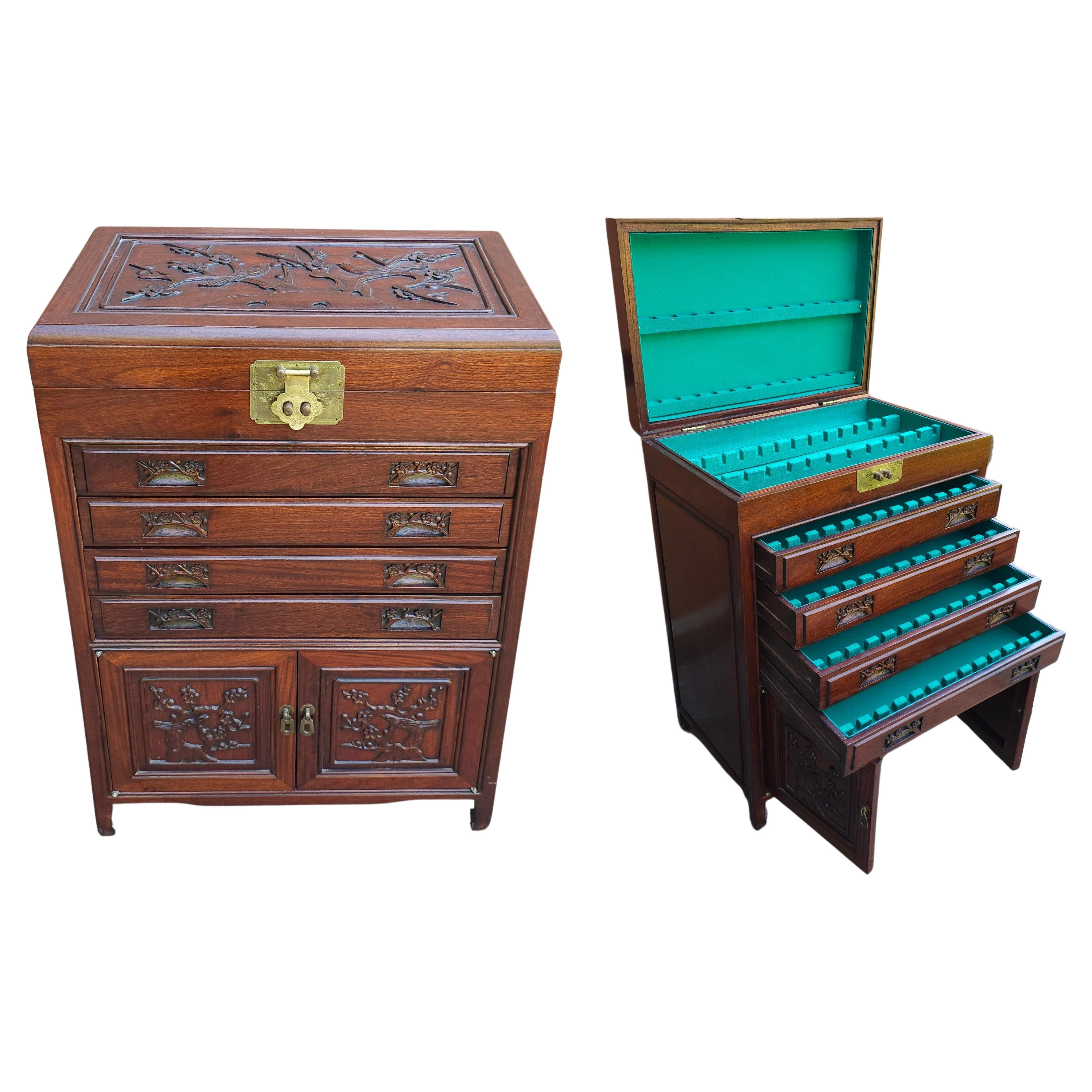 MId-20th Century Chinese Carved Rosewood Siver Chest Cabinet For Sale