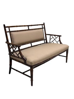 Mid 20th Century Chinese Chippendale Faux Bamboo Tan Upholstered Settee