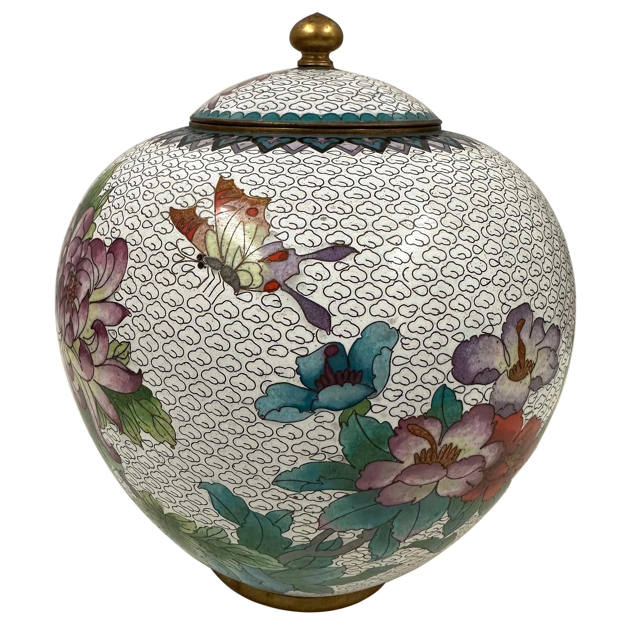 Chinese Export Mid-20th Century Chinese Cloisonne Ginger Jar with Chrysanthemums and Butterfly For Sale