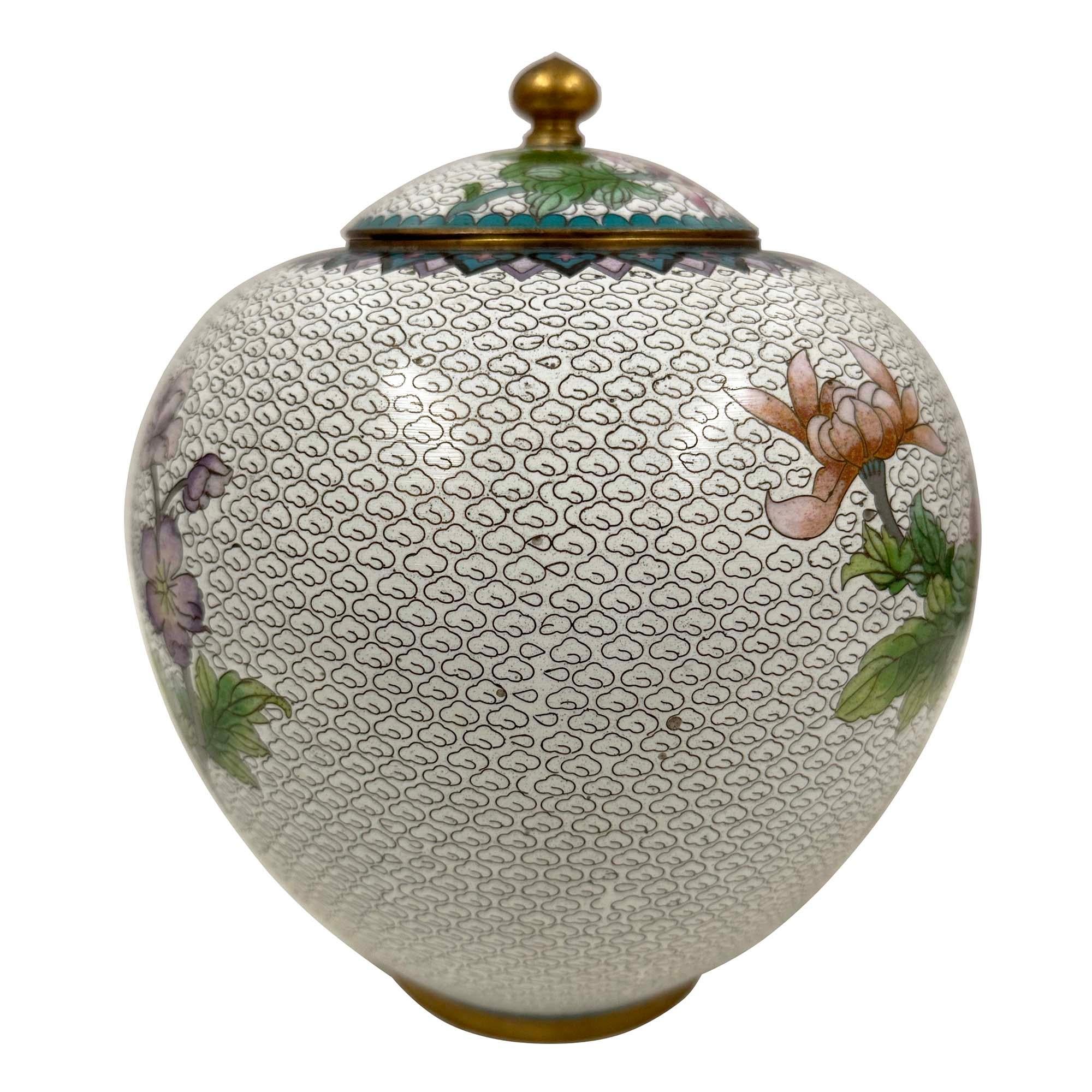 Copper Mid-20th Century Chinese Cloisonne Ginger Jar with Chrysanthemums and Butterfly For Sale