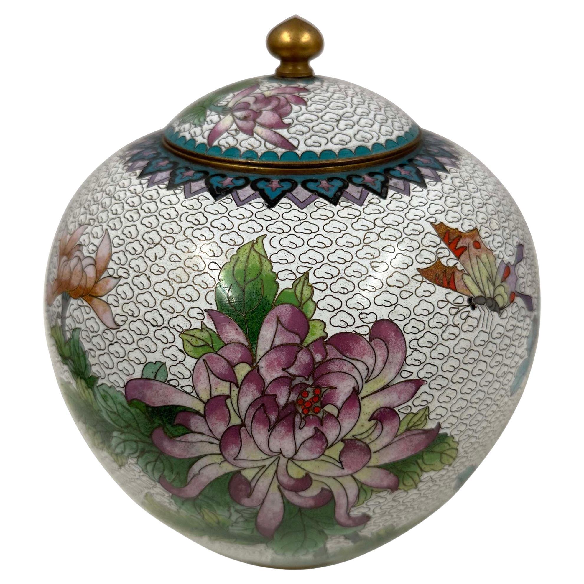 Mid-20th Century Chinese Cloisonne Ginger Jar with Chrysanthemums and Butterfly For Sale