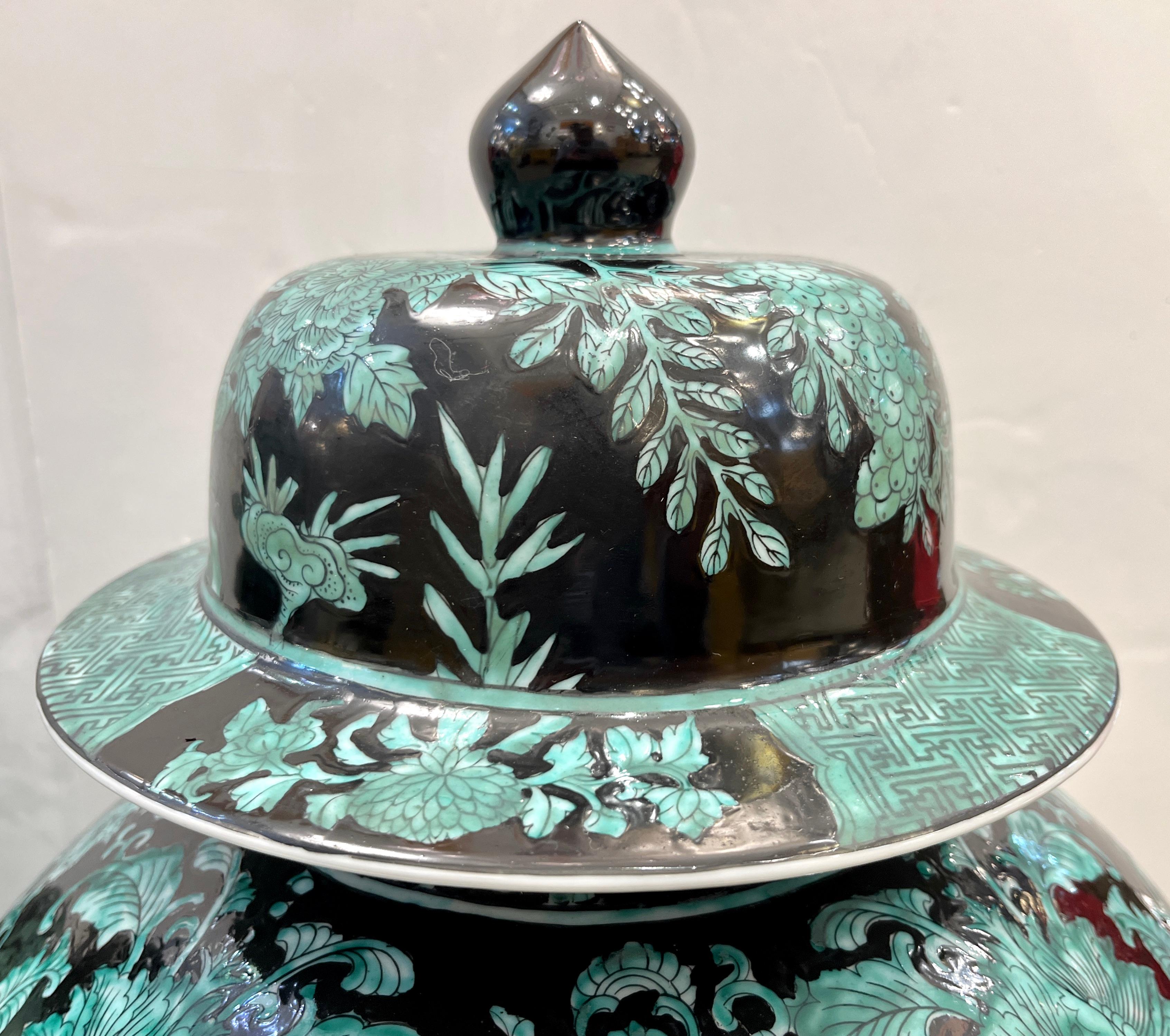 Fired Mid-20th Century Chinese Export Black Green Tall Baluster Ginger Jar with Cover For Sale