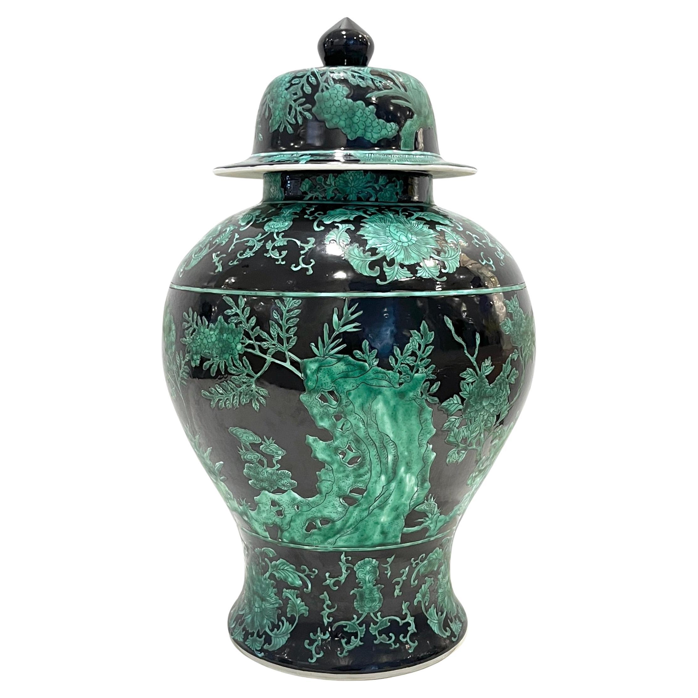 Enamel Mid-20th Century Chinese Export Black Green Tall Baluster Ginger Jar with Cover For Sale