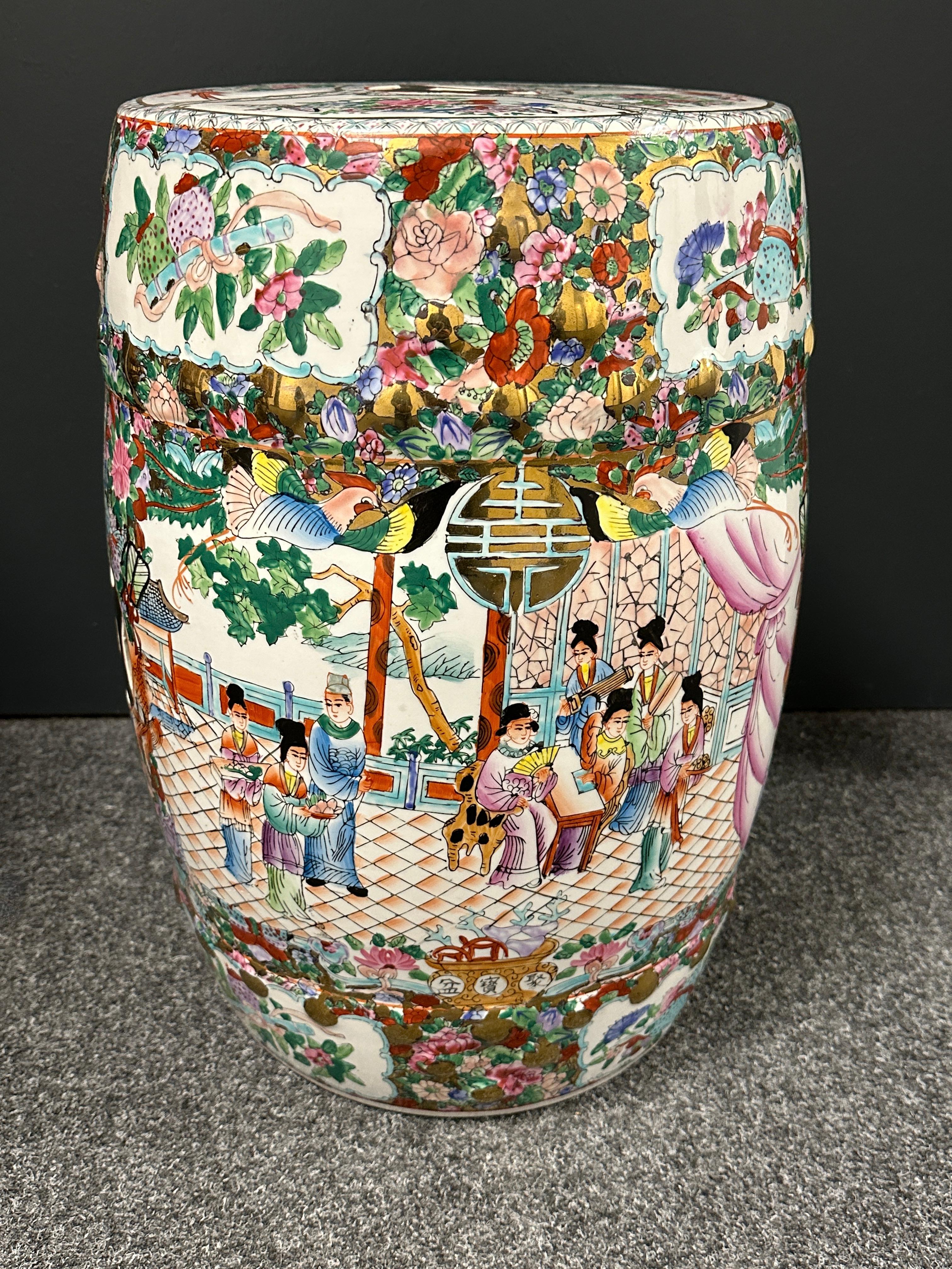 Hollywood Regency Mid-20th Century Chinese Export Hand-Painted Garden Stool Flower Pot Seat