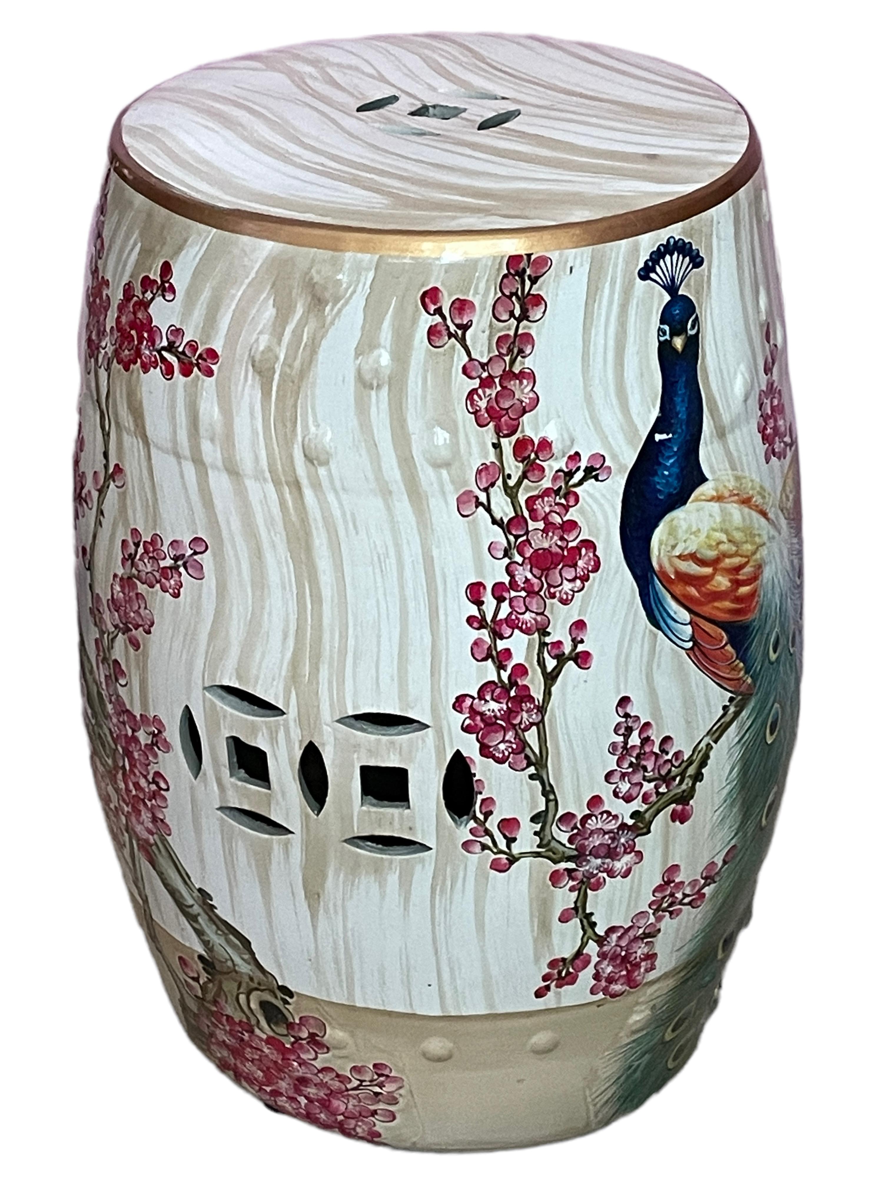 Hollywood Regency Mid-20th Century Chinese Export Hand-Painted Garden Stool Flower Pot Seat For Sale