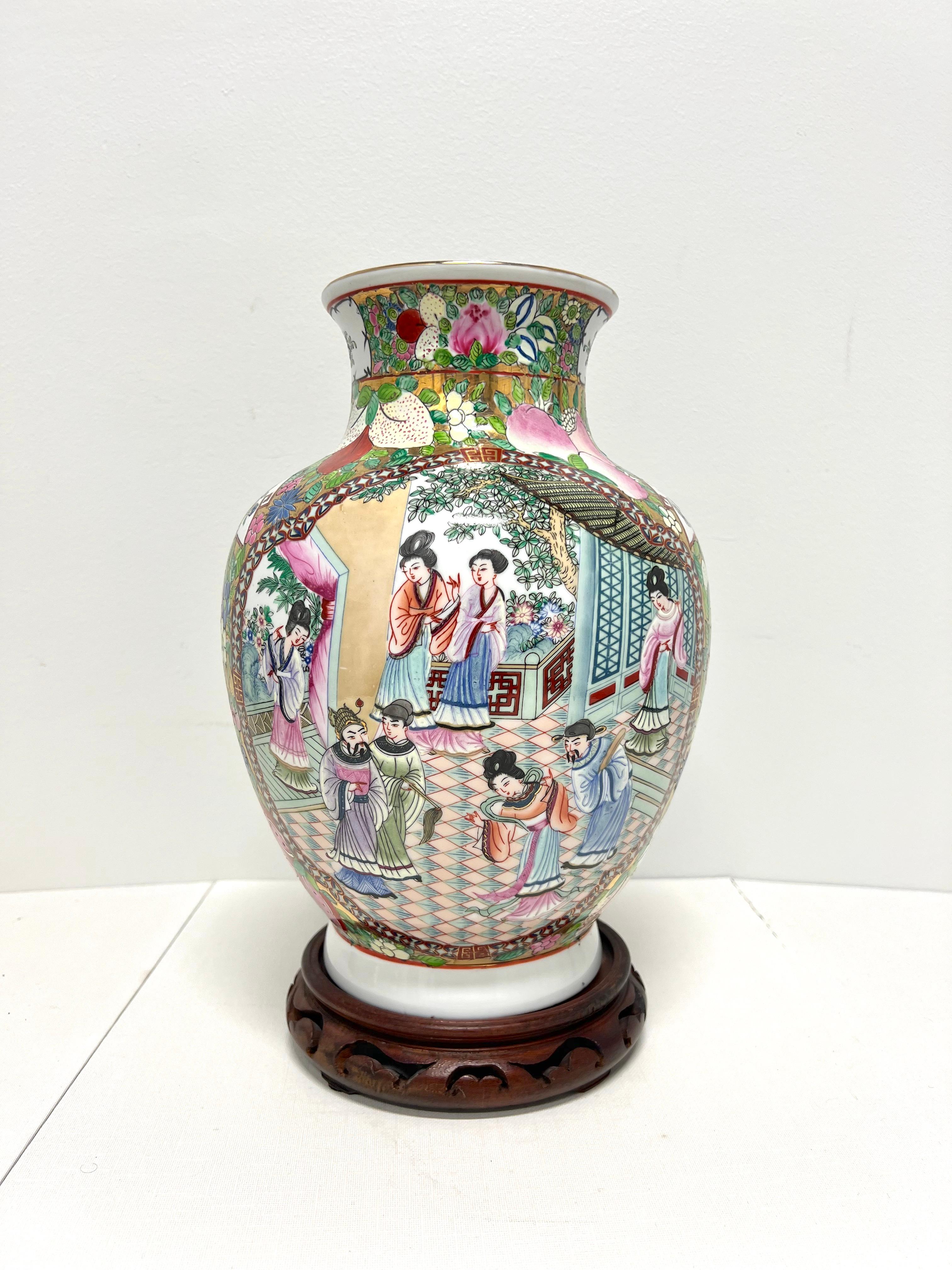 Asian Mid 20th Century Chinese Export Porcelain Hand Painted Vase on Stand For Sale