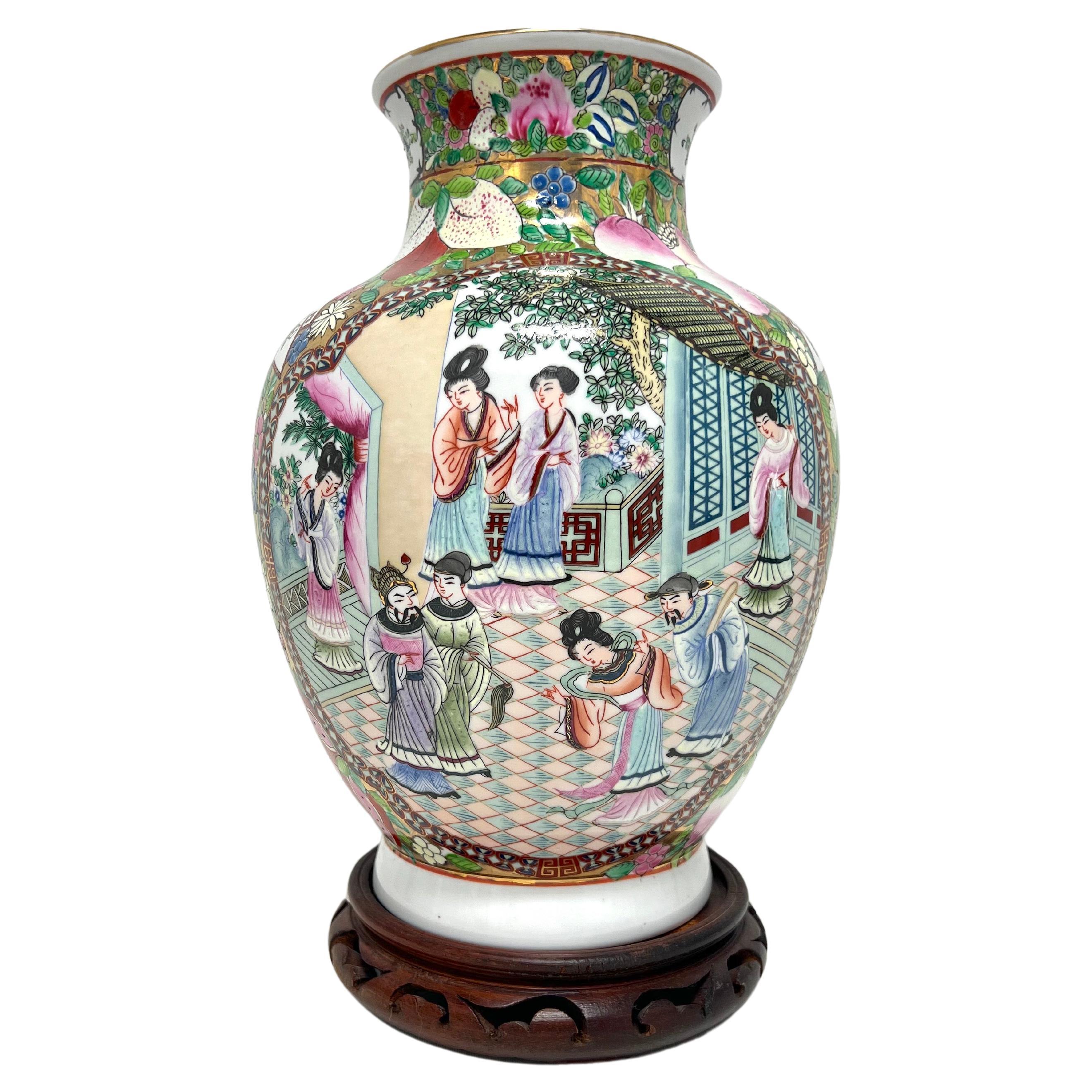 Mid 20th Century Chinese Export Porcelain Hand Painted Vase on Stand For Sale