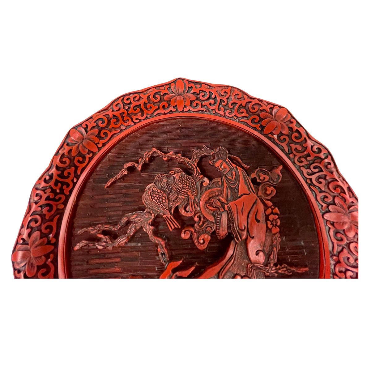 This stunning Chinese hand carved cinnabar lacquered plate is a limited edition to 19,500 pieces total. This plate is numbered 3969. It named The Sense of Tough, an original works of art in the tradition of Chu Yuan-Chang, from the Ming Dynasty.