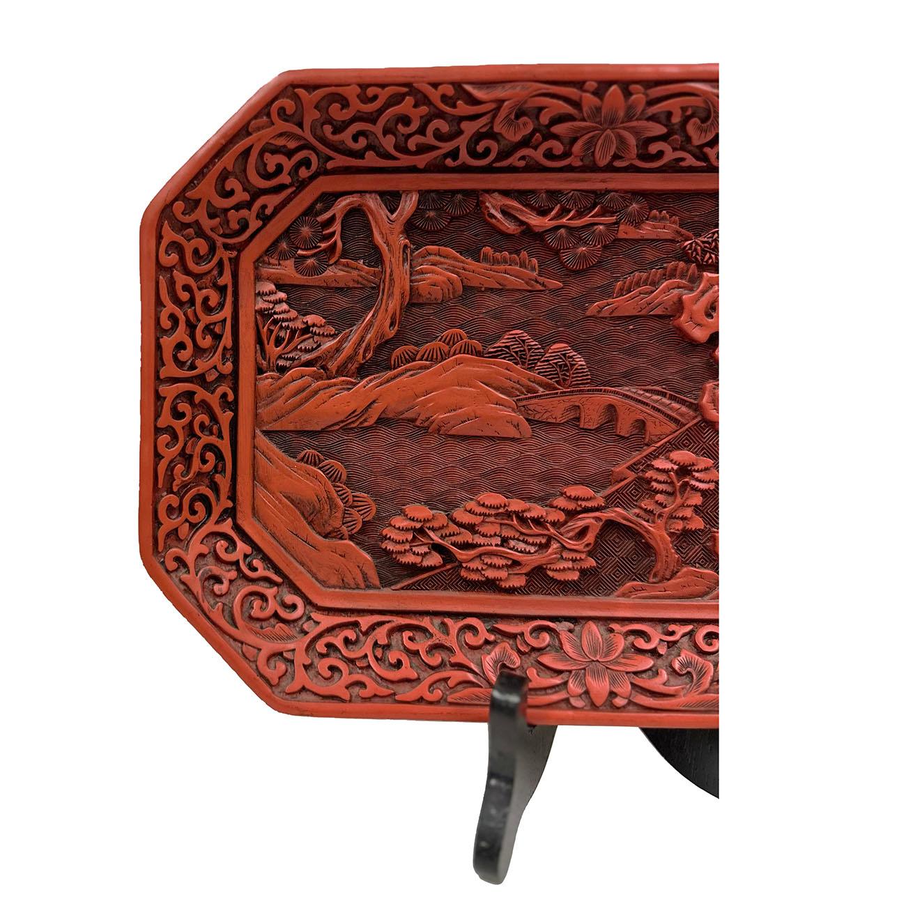 This stunning Chinese hand carved cinnabar lacquered plate has Intricate lacquer carving arts of Chinese traditional archetecture and landscape design. It named The Sense of Tough, an original works of art in the tradition of Chinese folks arts. It