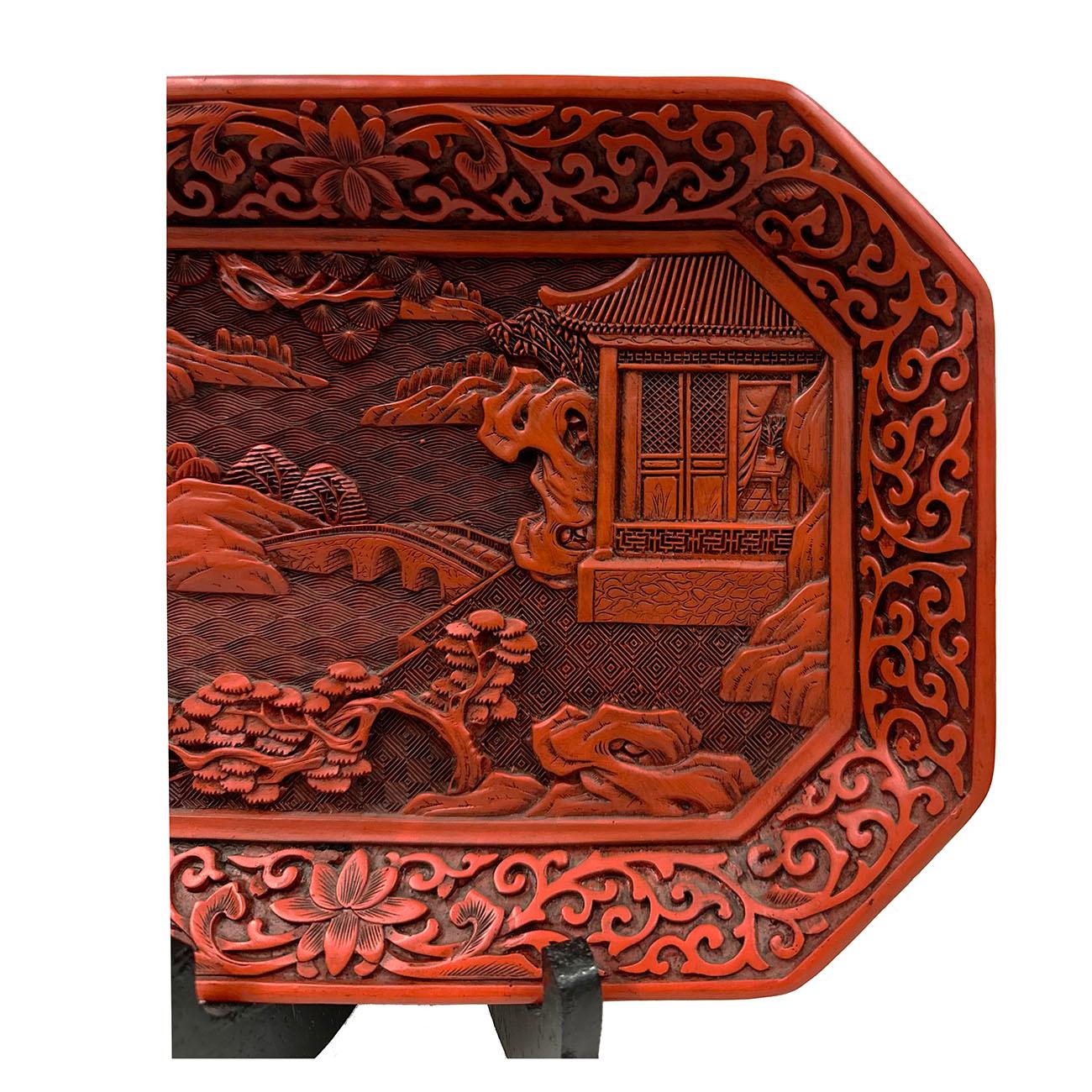 Chinese Export Mid-20th Century Chinese Hand Carved Cinnabar Lacquer Plate For Sale