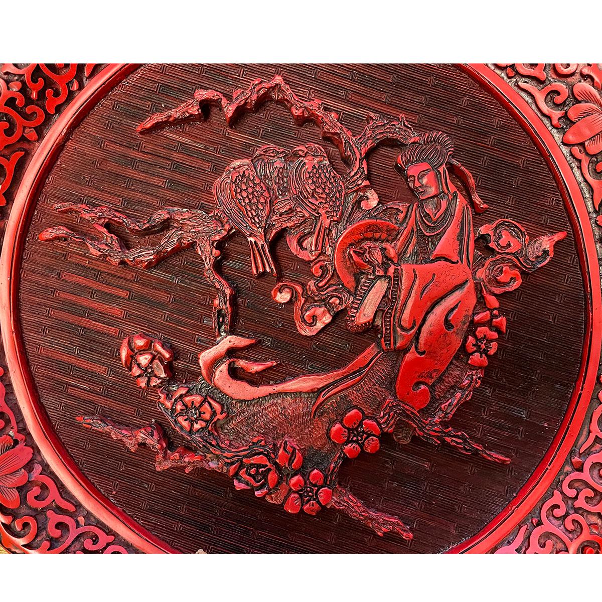 Chinese Export Mid-20th Century Chinese Hand Carved Cinnabar Lacquer Plate For Sale