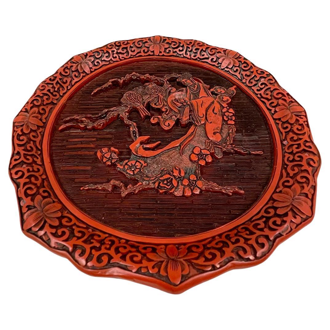 Mid-20th Century Chinese Hand Carved Cinnabar Lacquer Plate For Sale