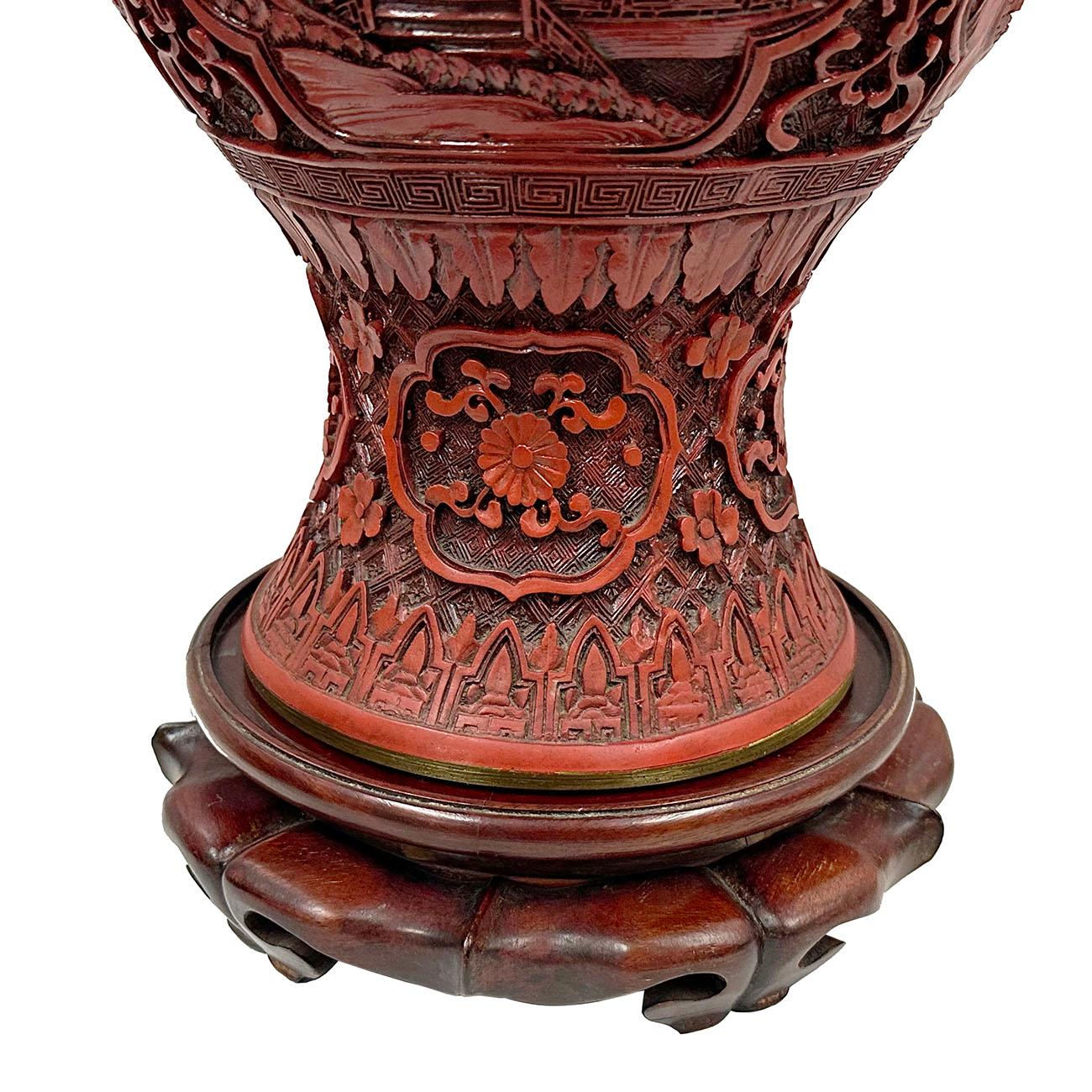 Mid-20th Century Chinese Hand Carved Cinnabar Vase For Sale 11