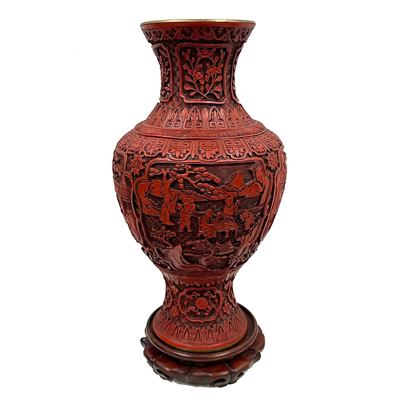 Lacquer Mid-20th Century Chinese Hand Carved Cinnabar Vase For Sale