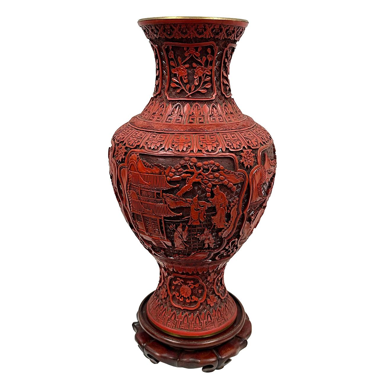 Mid-20th Century Chinese Hand Carved Cinnabar Vase For Sale 4