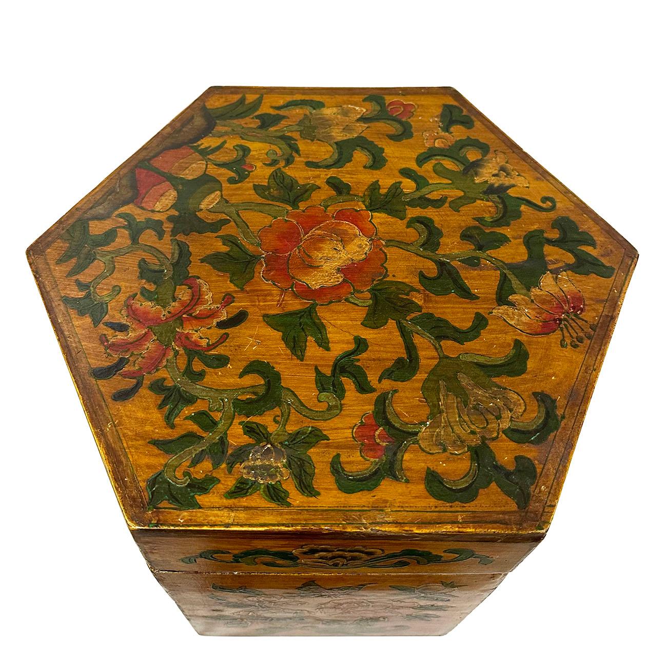 This unique vintage Chinese sewing box is 100 percent hand made and hand painted with traditional Chinese painting on the side and lid of the box. It was made from wood panels connected together with hand painted Chinese forks arts of floral
