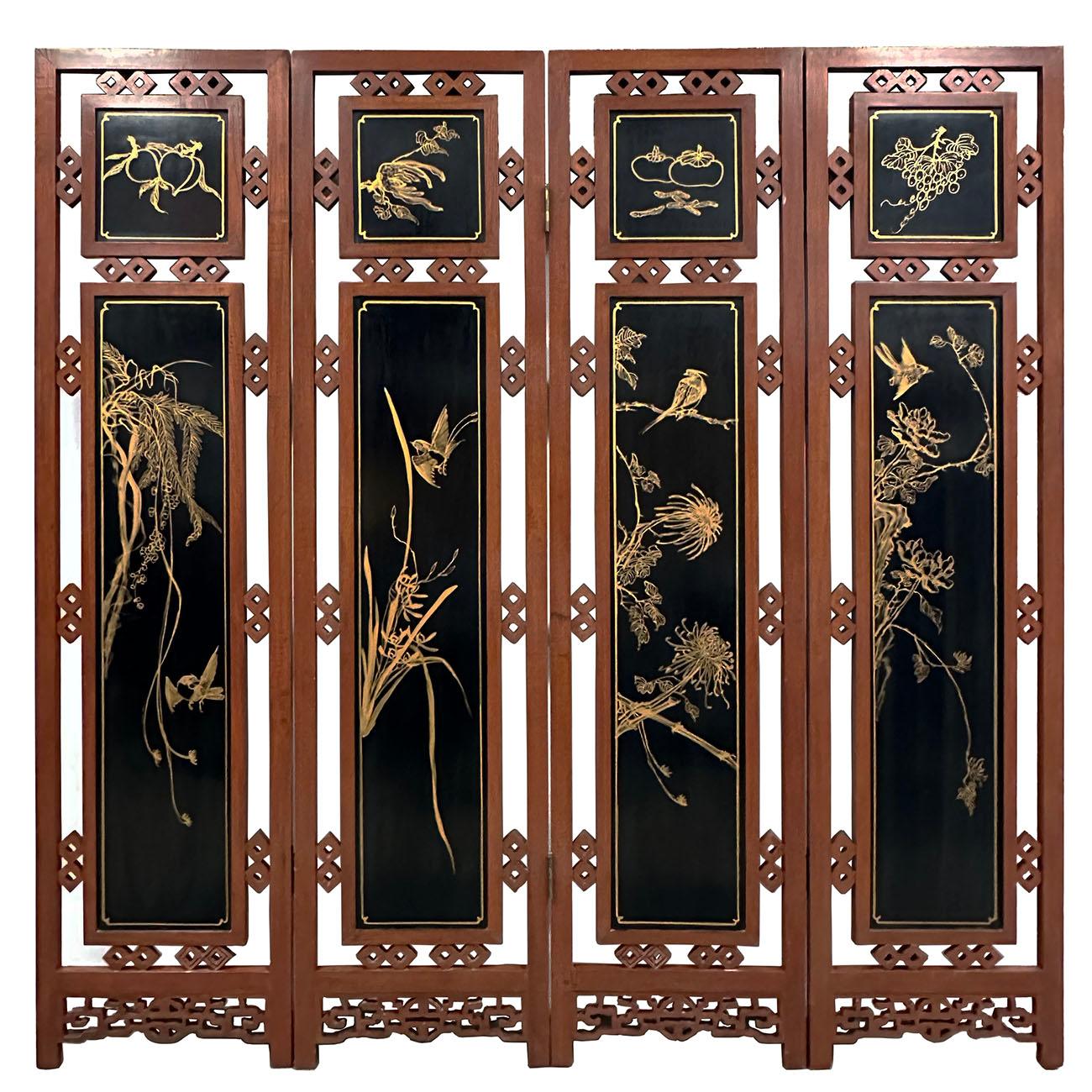 Mid-20th Century Chinese Hardwood Folding Screen/Room Divider with Soapstone Inl For Sale 5
