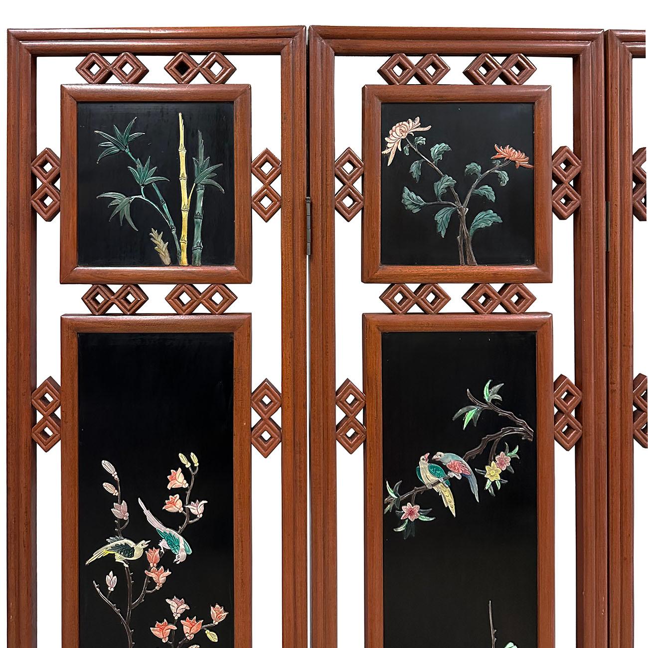 This is a set of 4 panels of Chinese vintage open carved wooden screen which to be used as the room section panels in ancient China that are put together to make into a screen. Screens have been known to grace the rooms of wealthy Chinese homes