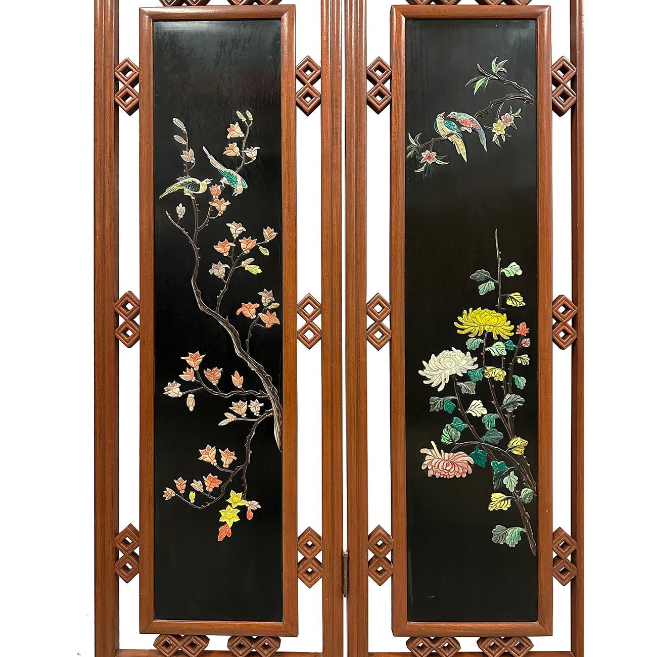 Chinese Export Mid-20th Century Chinese Hardwood Folding Screen/Room Divider with Soapstone Inl For Sale