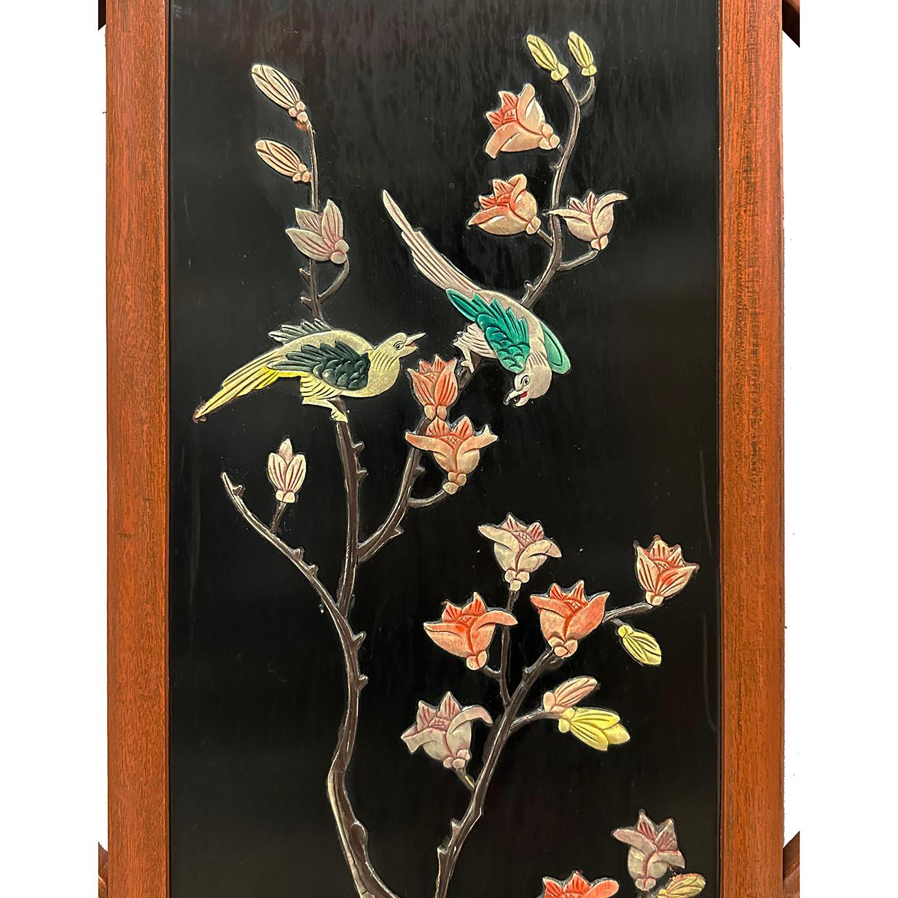 Hand-Carved Mid-20th Century Chinese Hardwood Folding Screen/Room Divider with Soapstone Inl For Sale