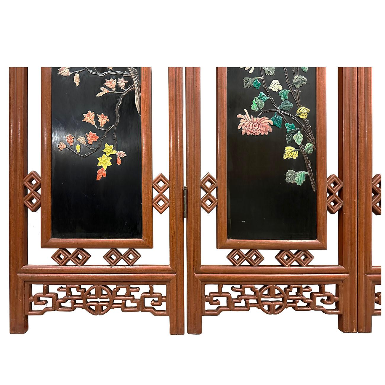 Mid-20th Century Chinese Hardwood Folding Screen/Room Divider with Soapstone Inl In Good Condition For Sale In Pomona, CA