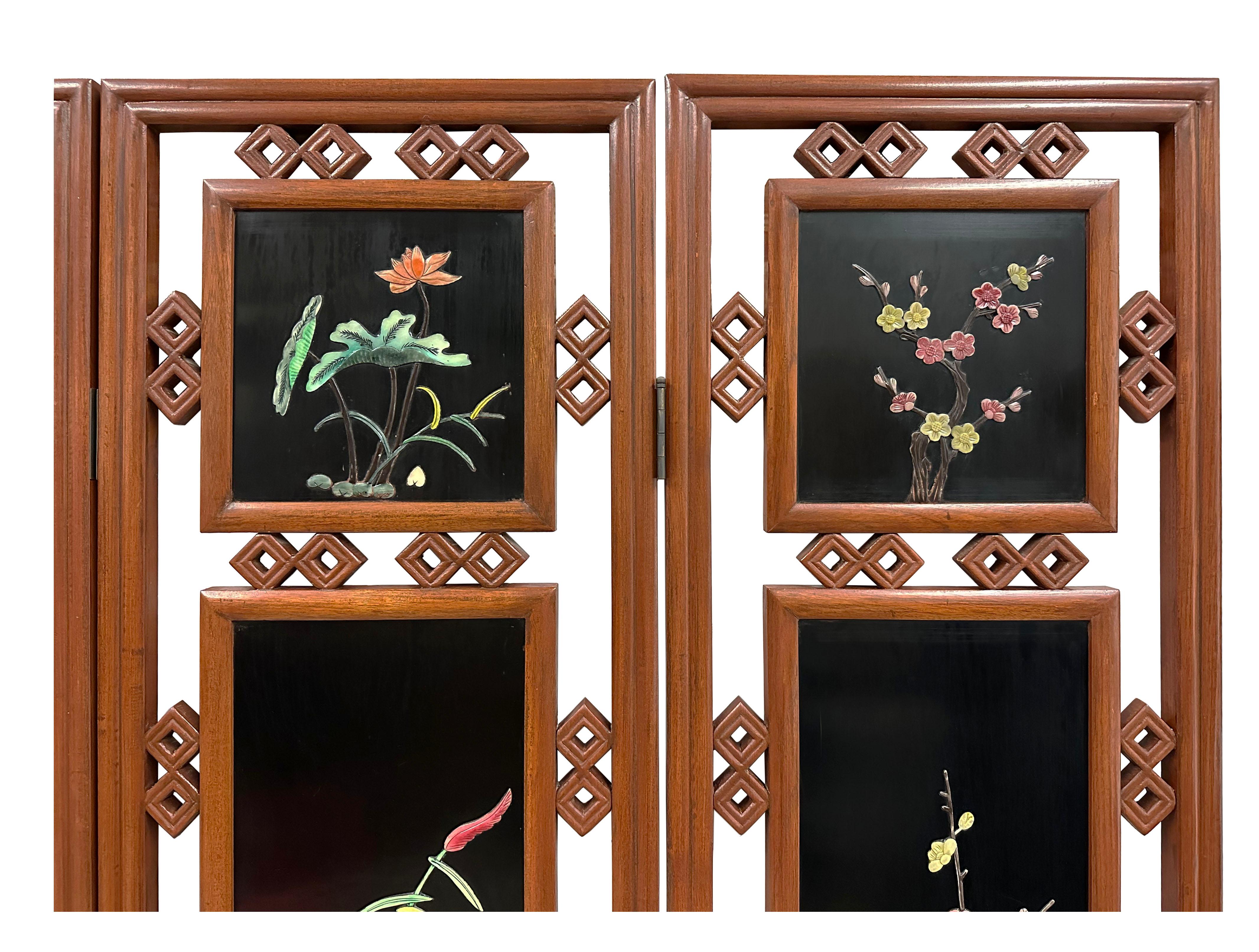 Mid-20th Century Chinese Hardwood Folding Screen/Room Divider with Soapstone Inl For Sale 1