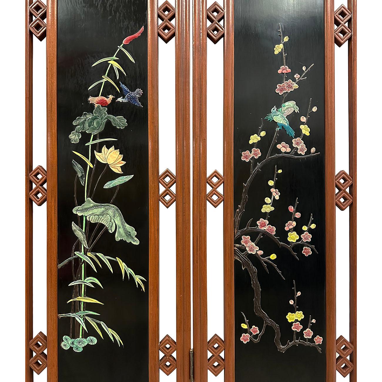 Mid-20th Century Chinese Hardwood Folding Screen/Room Divider with Soapstone Inl For Sale 2