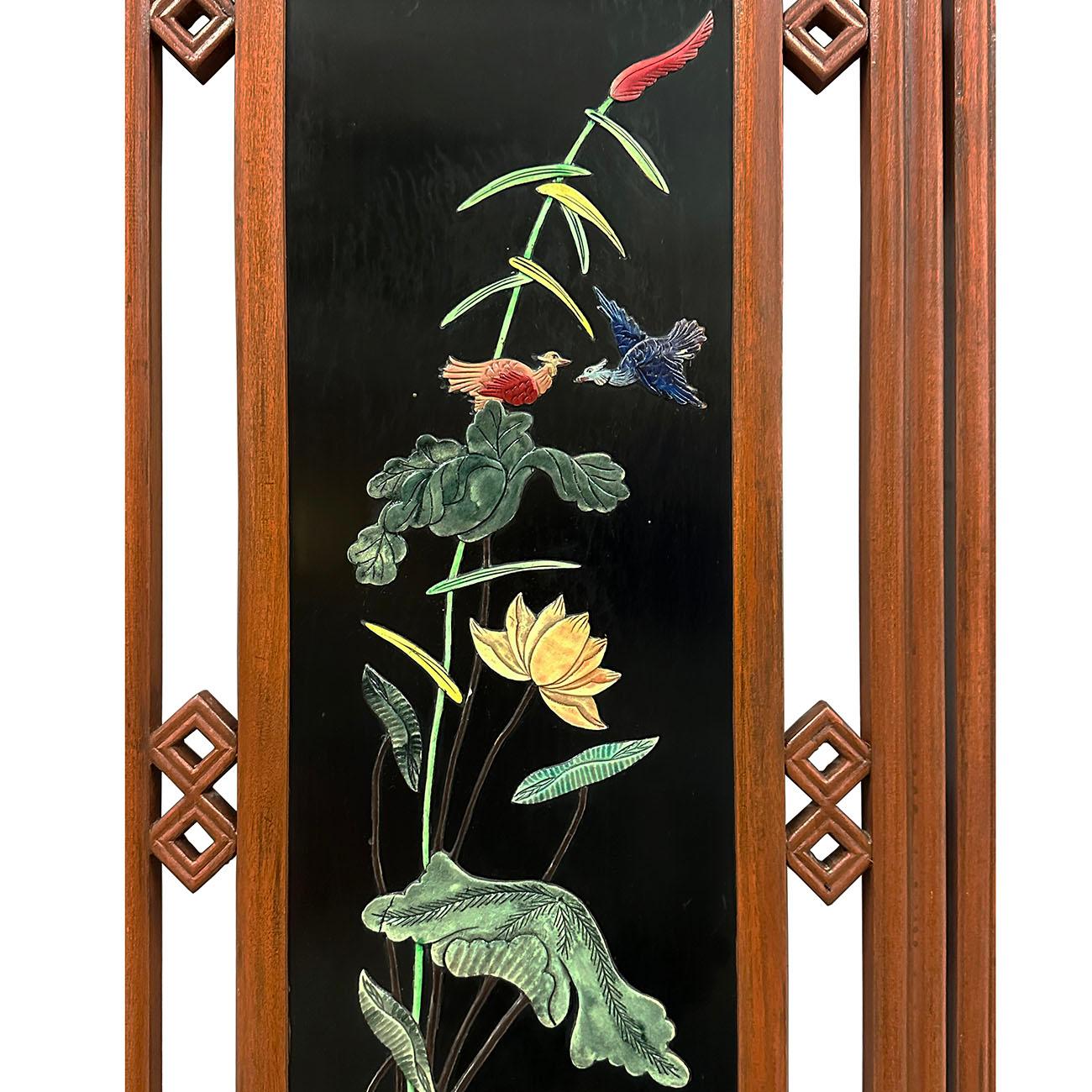 Mid-20th Century Chinese Hardwood Folding Screen/Room Divider with Soapstone Inl For Sale 3