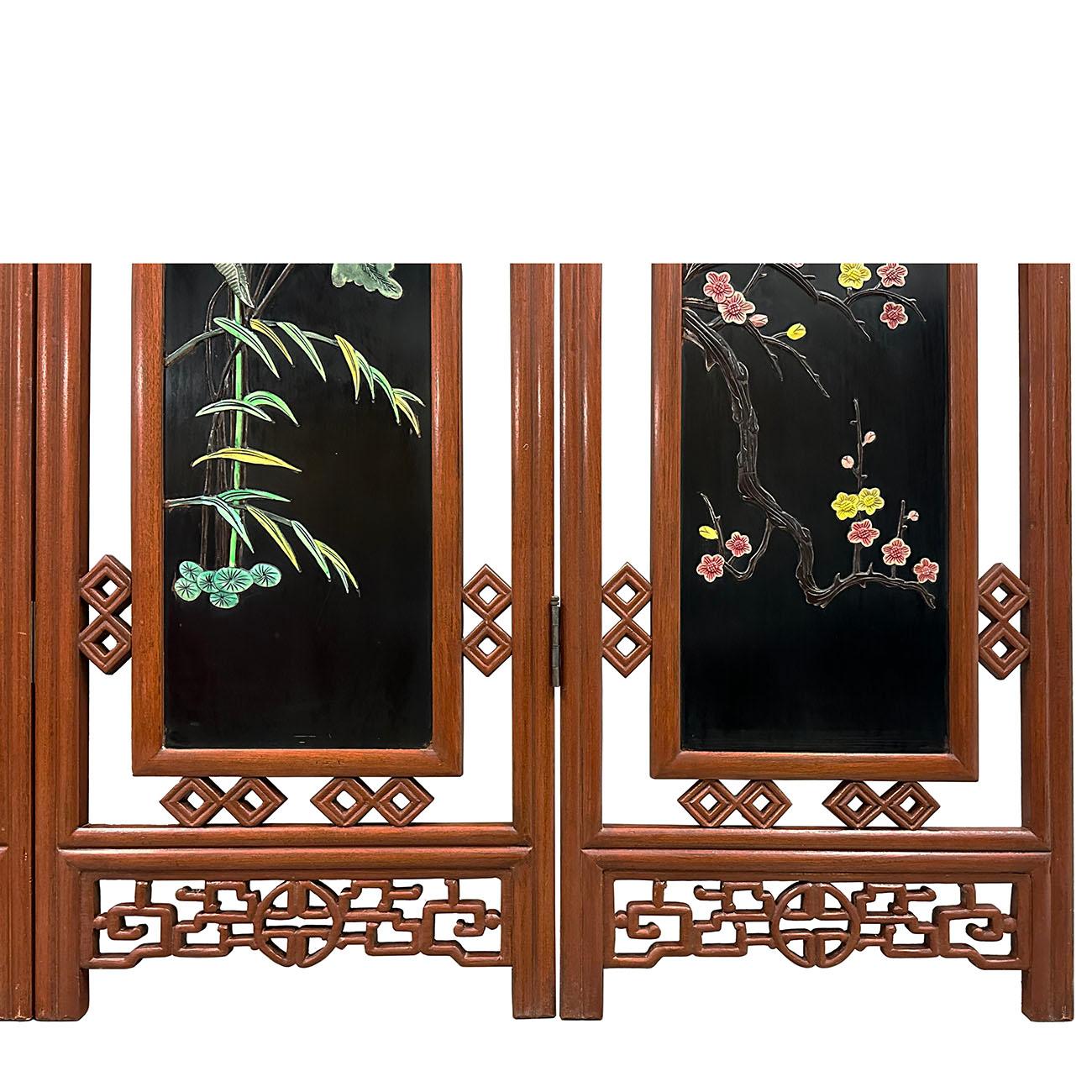 Mid-20th Century Chinese Hardwood Folding Screen/Room Divider with Soapstone Inl For Sale 4