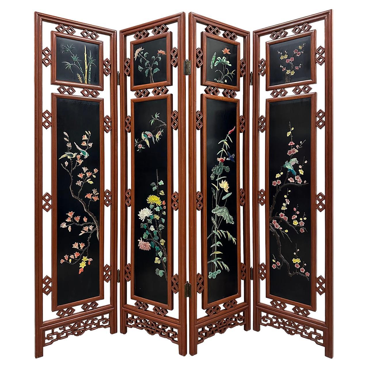 Mid-20th Century Chinese Hardwood Folding Screen/Room Divider with Soapstone Inl For Sale