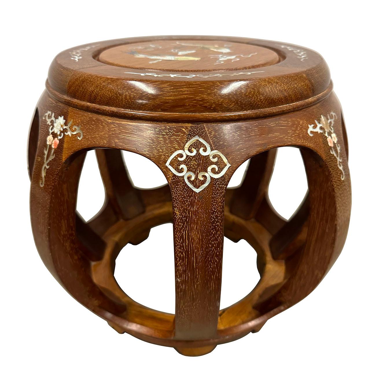 Chinese Export Mid-20th Century Chinese Hardwood Stool with Mather of Pearl Inlay