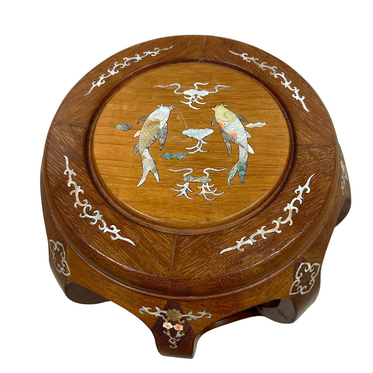 Mid-20th Century Chinese Hardwood Stool with Mather of Pearl Inlay 1