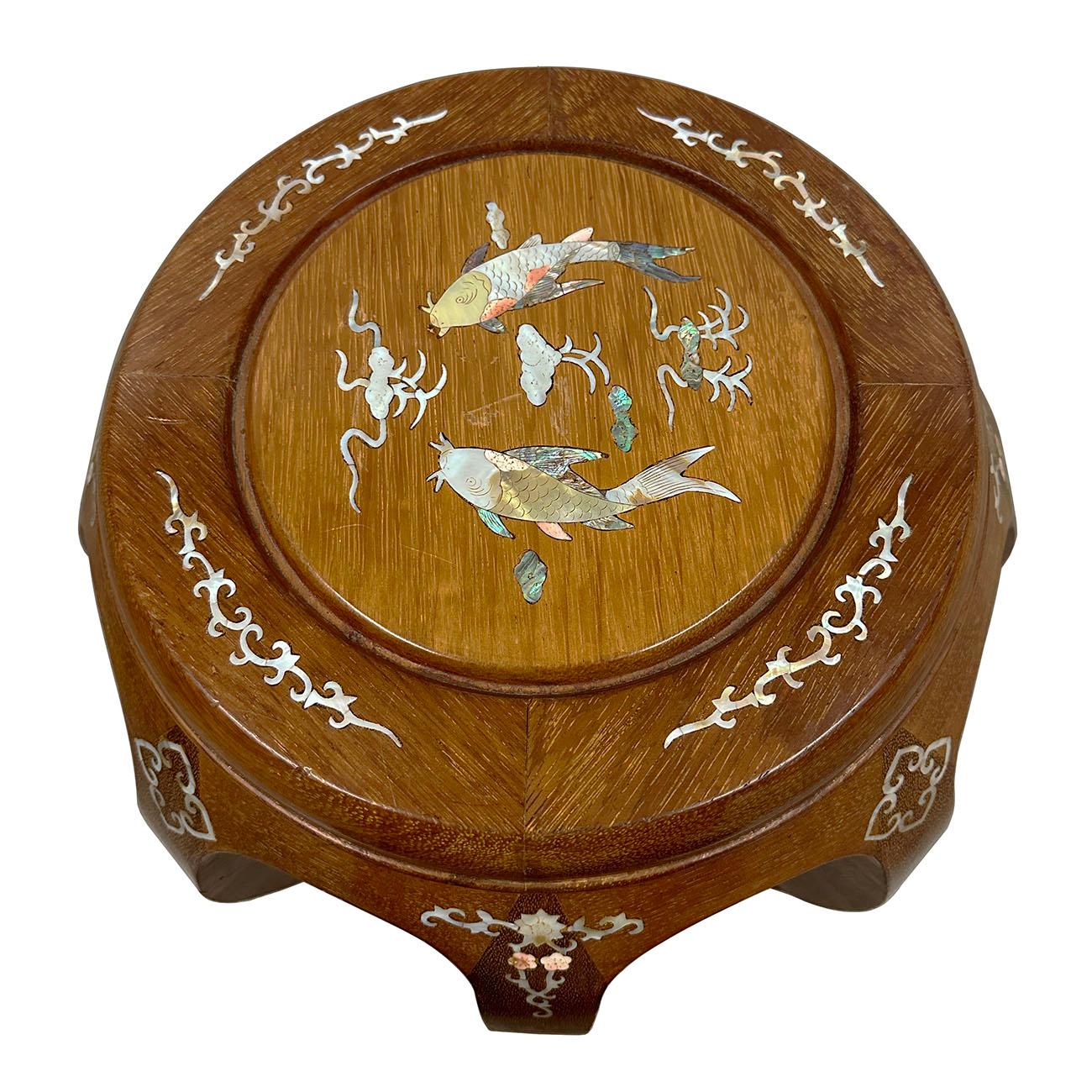 Mid-20th Century Chinese Hardwood Stool with Mather of Pearl Inlay 2