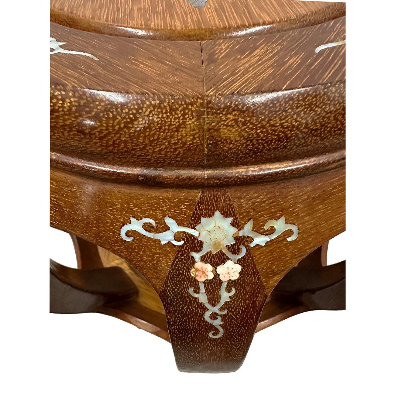 Mid-20th Century Chinese Hardwood Stool with Mather of Pearl Inlay 3