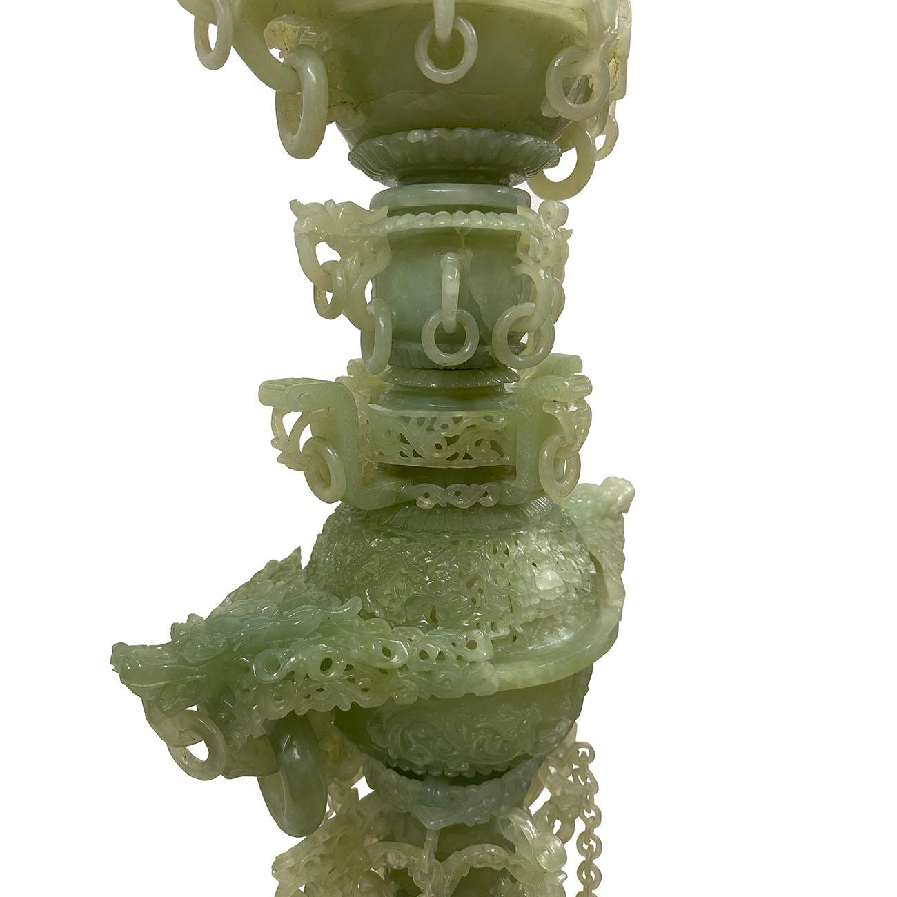 Mid-20th Century Chinese Huge 3 Tiers Carved Serpentine/Jade Dragon Tower For Sale 5