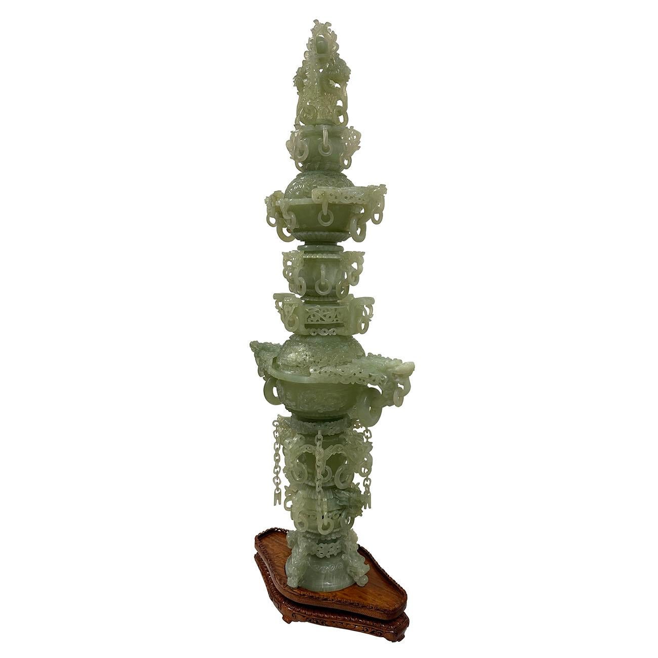 Mid-20th Century Chinese Huge 3 Tiers Carved Serpentine/Jade Dragon Tower For Sale 7