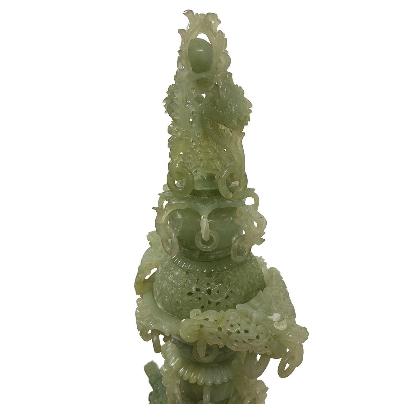 Mid-20th Century Chinese Huge 3 Tiers Carved Serpentine/Jade Dragon Tower For Sale 8