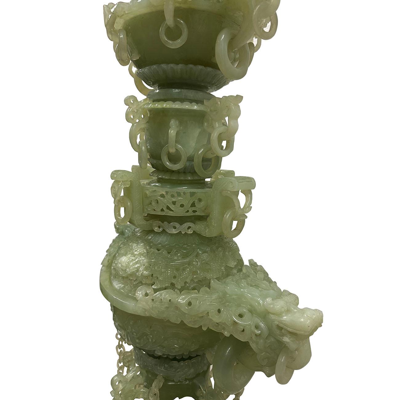 Mid-20th Century Chinese Huge 3 Tiers Carved Serpentine/Jade Dragon Tower For Sale 9