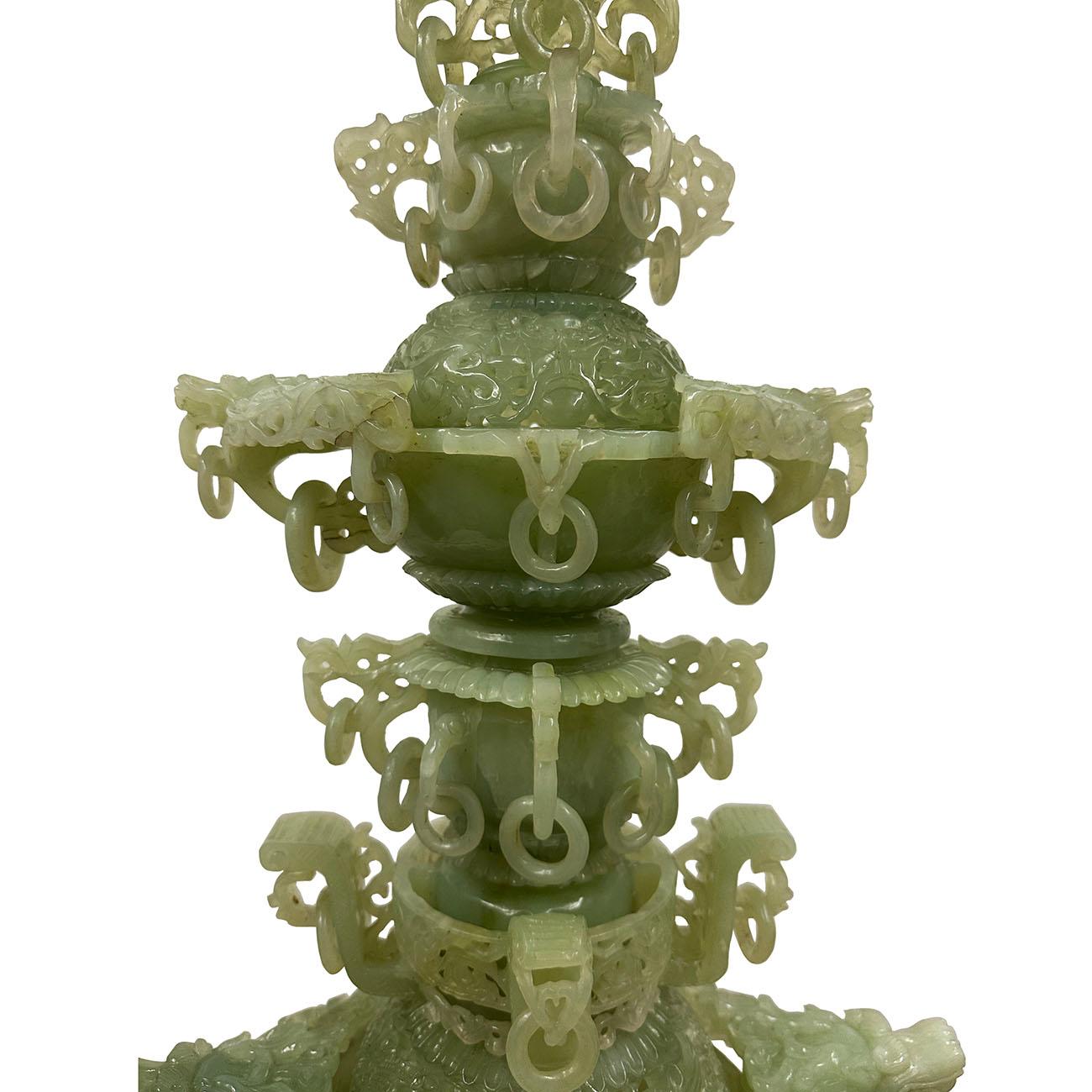 Chinese Export Mid-20th Century Chinese Huge 3 Tiers Carved Serpentine/Jade Dragon Tower For Sale