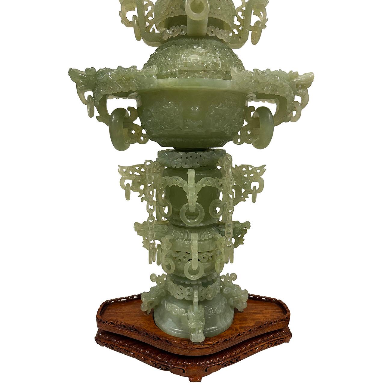 Hand-Carved Mid-20th Century Chinese Huge 3 Tiers Carved Serpentine/Jade Dragon Tower For Sale