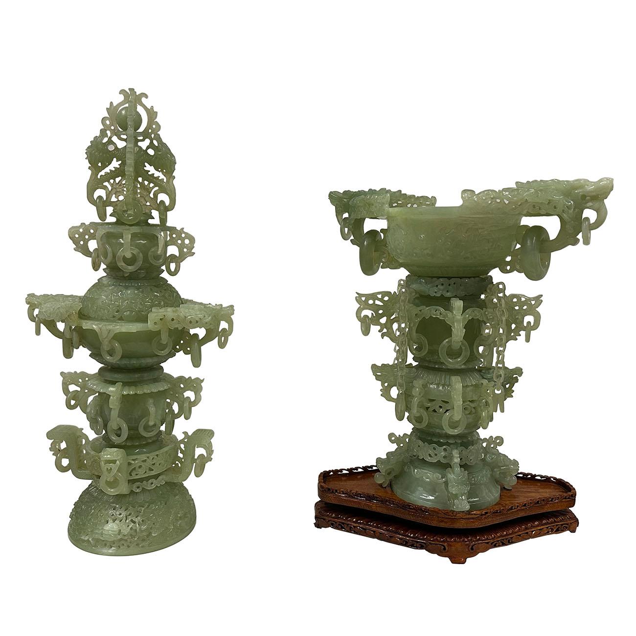 Mid-20th Century Chinese Huge 3 Tiers Carved Serpentine/Jade Dragon Tower For Sale 1