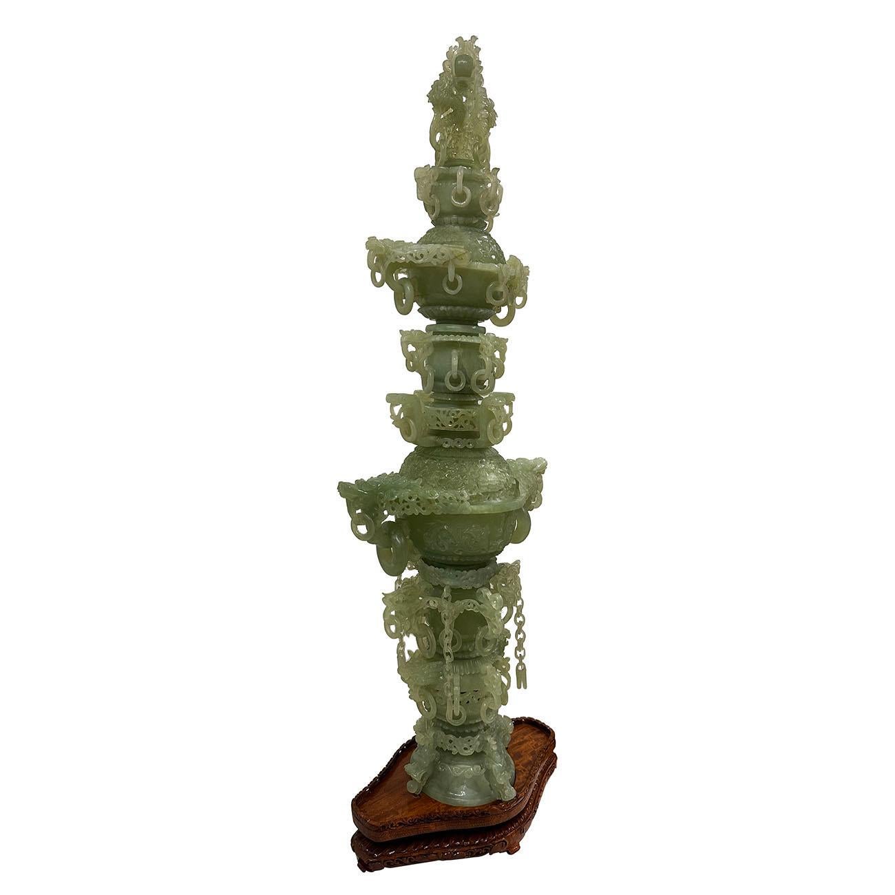 Mid-20th Century Chinese Huge 3 Tiers Carved Serpentine/Jade Dragon Tower For Sale 3