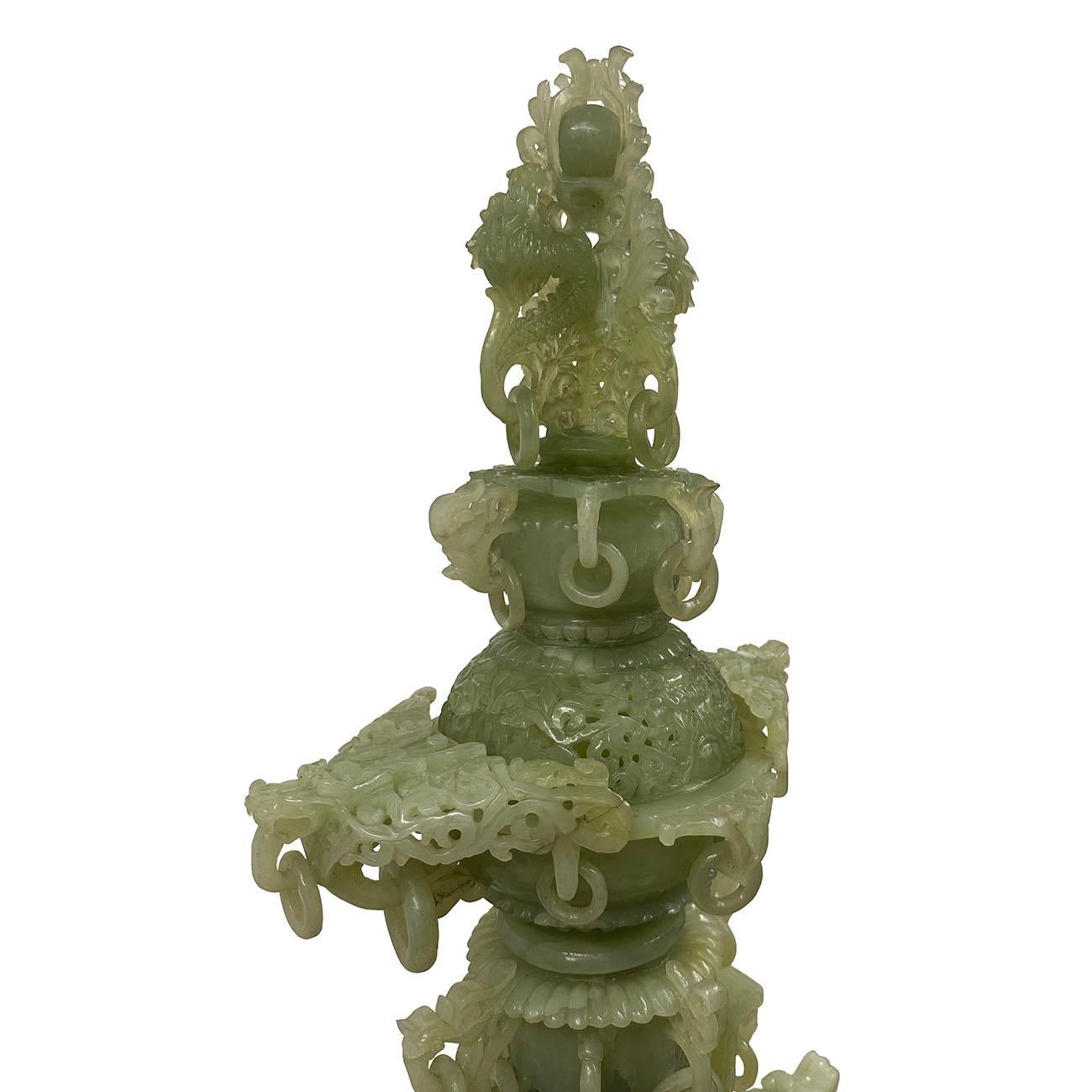 Mid-20th Century Chinese Huge 3 Tiers Carved Serpentine/Jade Dragon Tower For Sale 4