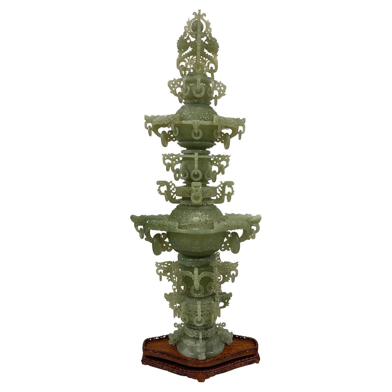 Mid-20th Century Chinese Huge 3 Tiers Carved Serpentine/Jade Dragon Tower