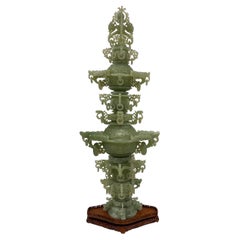 Mid-20th Century Chinese Huge 3 Tiers Carved Serpentine/Jade Dragon Tower
